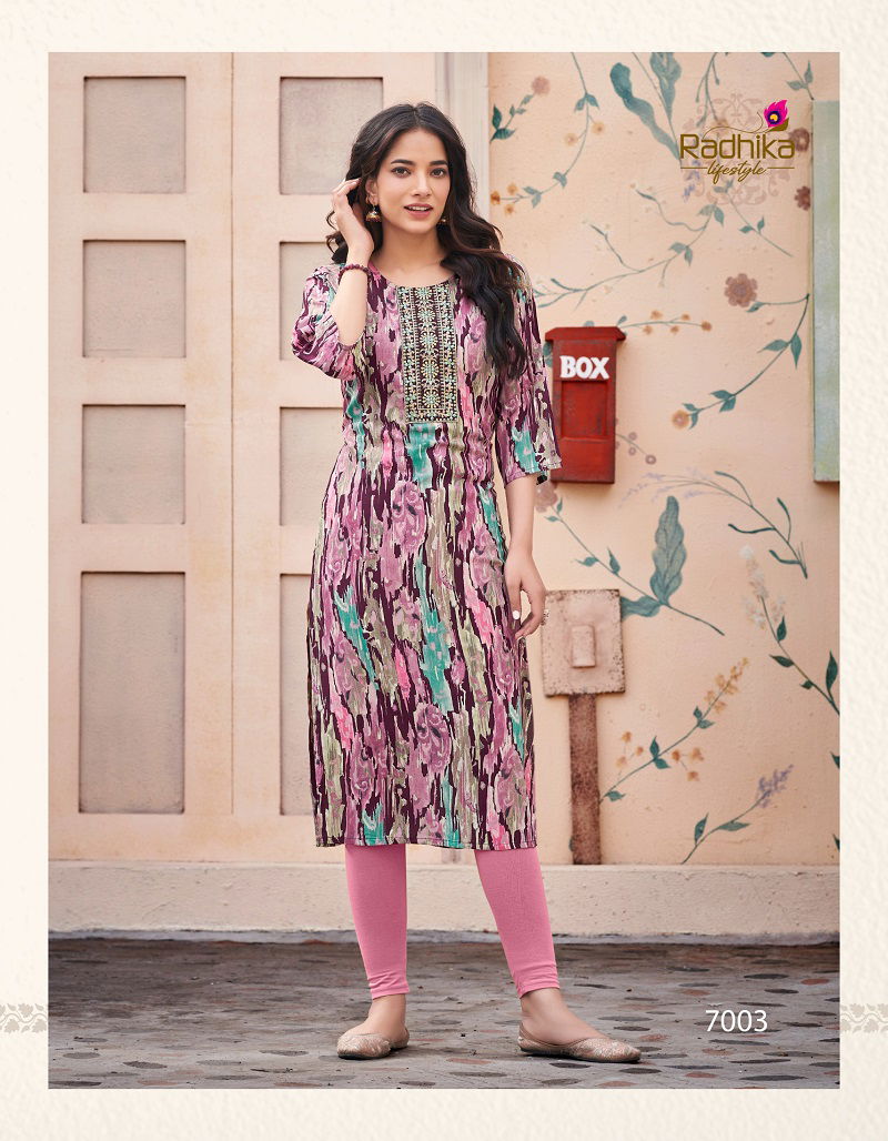 Pahel Vol 7 By Radhika Straight Cut Rayon Printed Kurti Wholesale Market In Surat
